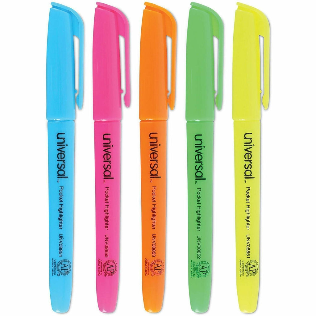 Pocket Highlighters, Assorted Ink Colors, Chisel Tip, Assorted Barrel Colors, 5/Set