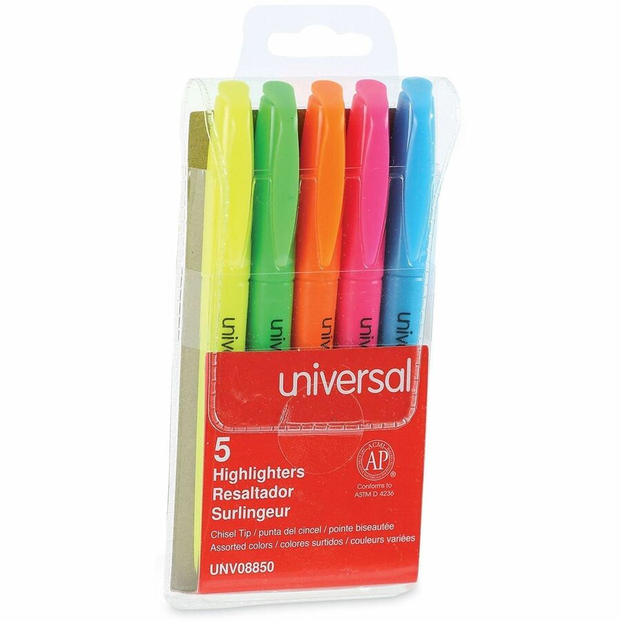 Pocket Highlighters, Assorted Ink Colors, Chisel Tip, Assorted Barrel Colors, 5/Set