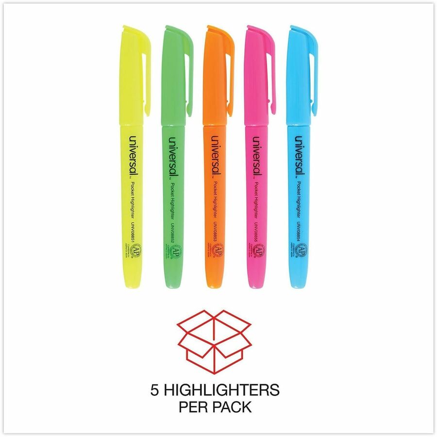 Pocket Highlighters, Assorted Ink Colors, Chisel Tip, Assorted Barrel Colors, 5/Set