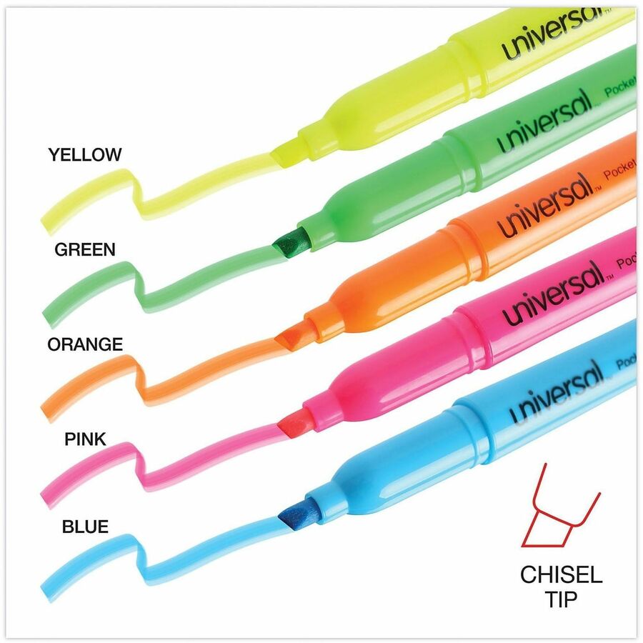 Pocket Highlighters, Assorted Ink Colors, Chisel Tip, Assorted Barrel Colors, 5/Set