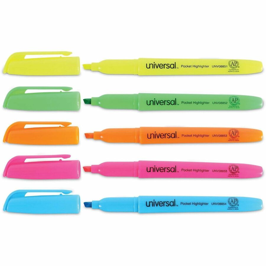 Pocket Highlighters, Assorted Ink Colors, Chisel Tip, Assorted Barrel Colors, 5/Set