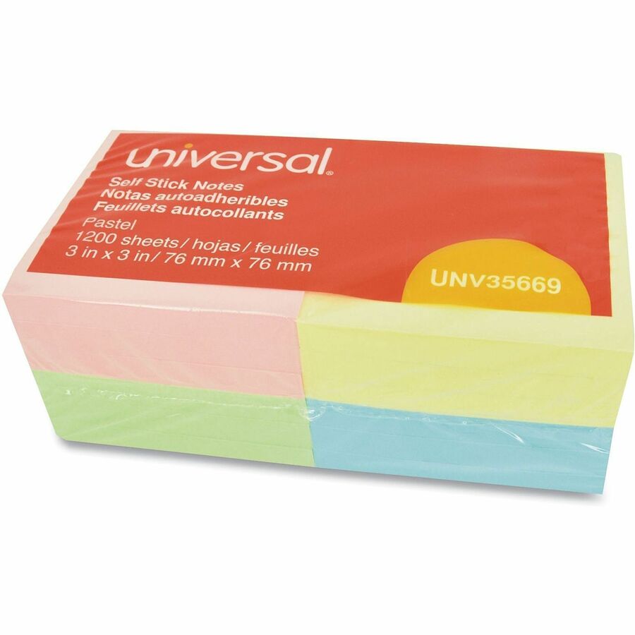 Self-Stick Note Pads, 3" x 3", Assorted Pastel Colors, 100 Sheets/Pad, 12 Pads/Pack
