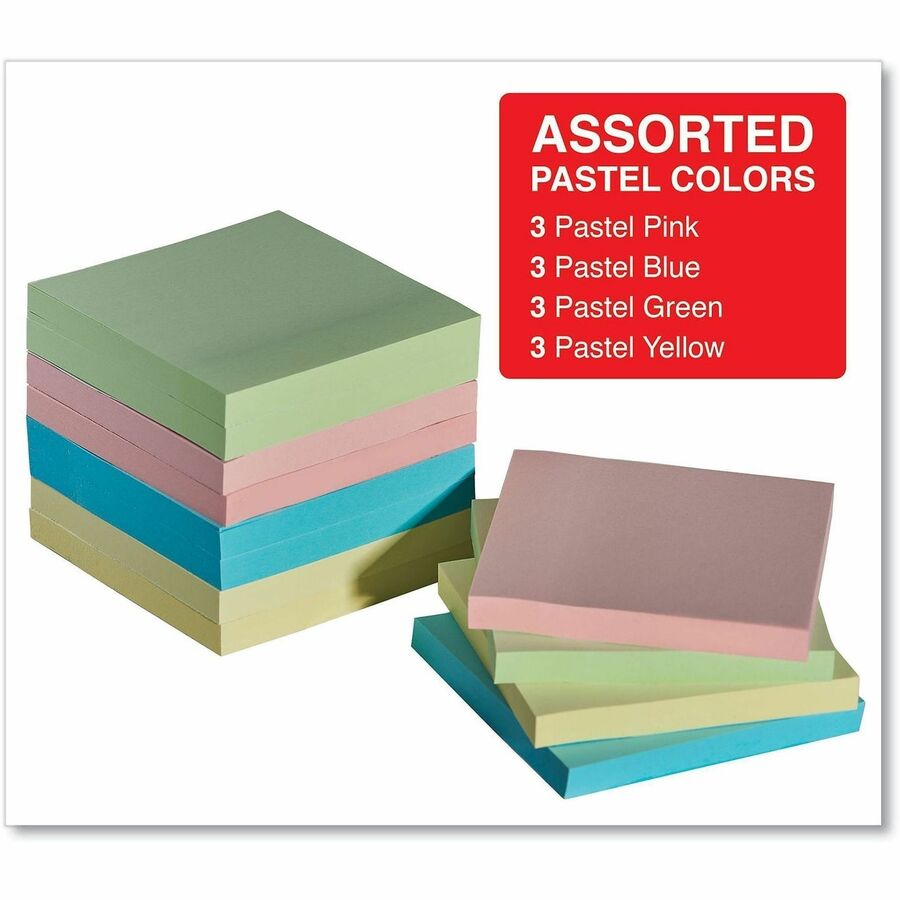 Self-Stick Note Pads, 3" x 3", Assorted Pastel Colors, 100 Sheets/Pad, 12 Pads/Pack