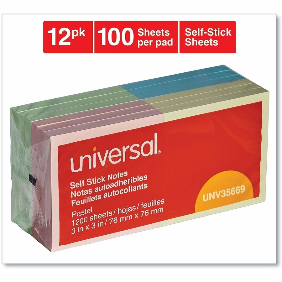 Self-Stick Note Pads, 3" x 3", Assorted Pastel Colors, 100 Sheets/Pad, 12 Pads/Pack