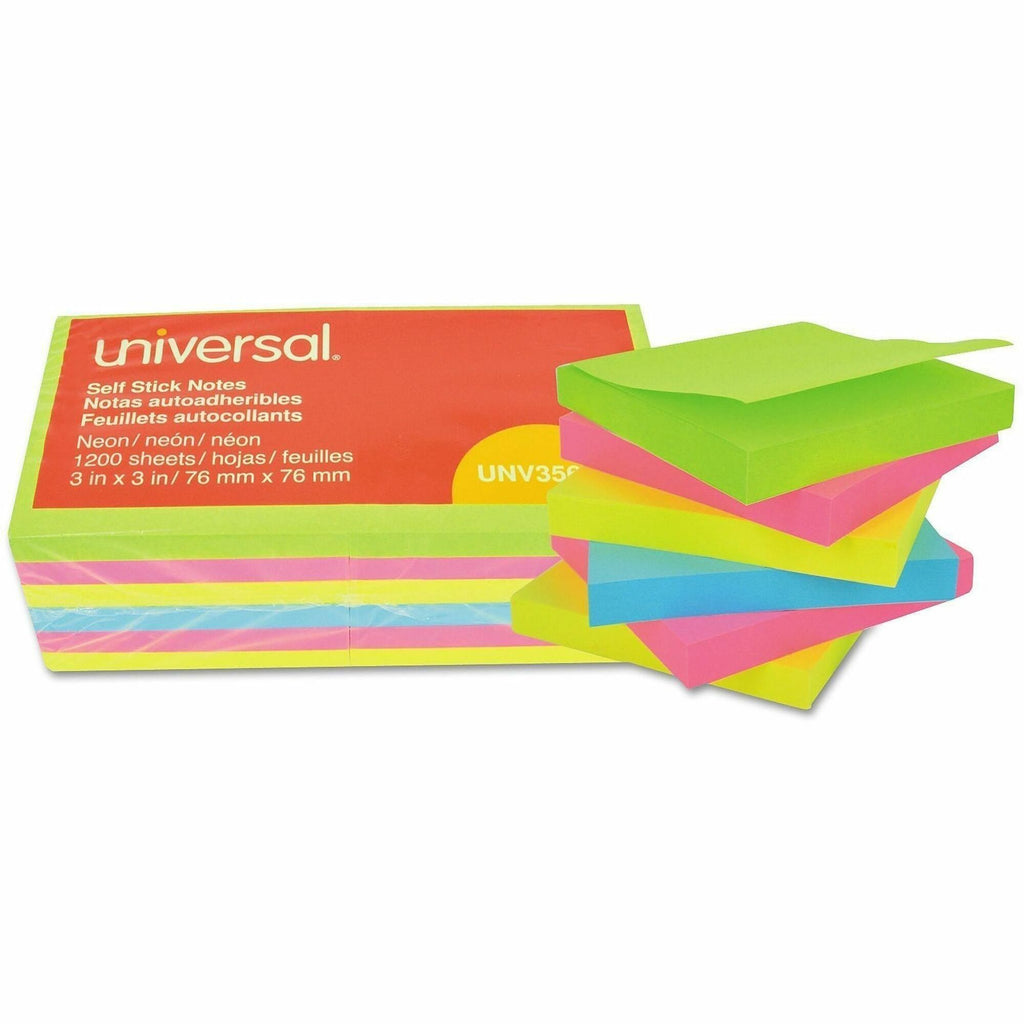 Self-Stick Note Pads, 3" x 3", Assorted Neon Colors, 100 Sheets/Pad, 12 Pads/Pack