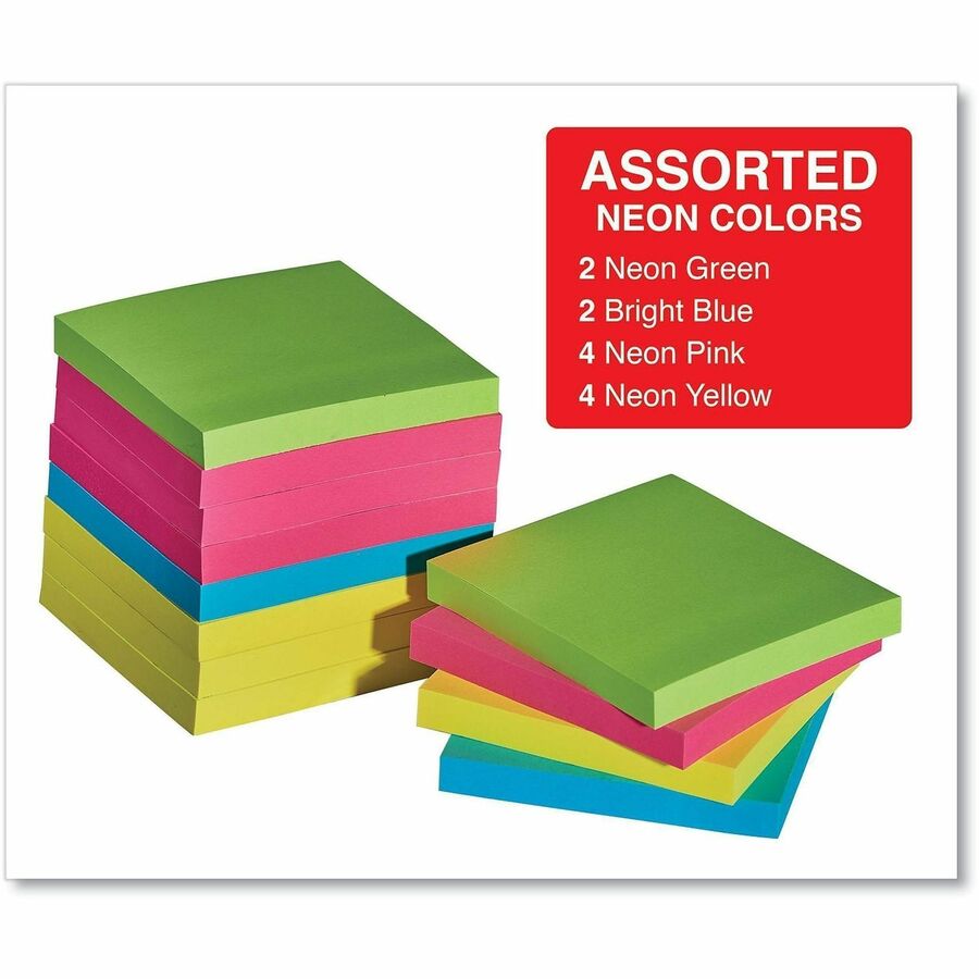 Self-Stick Note Pads, 3" x 3", Assorted Neon Colors, 100 Sheets/Pad, 12 Pads/Pack