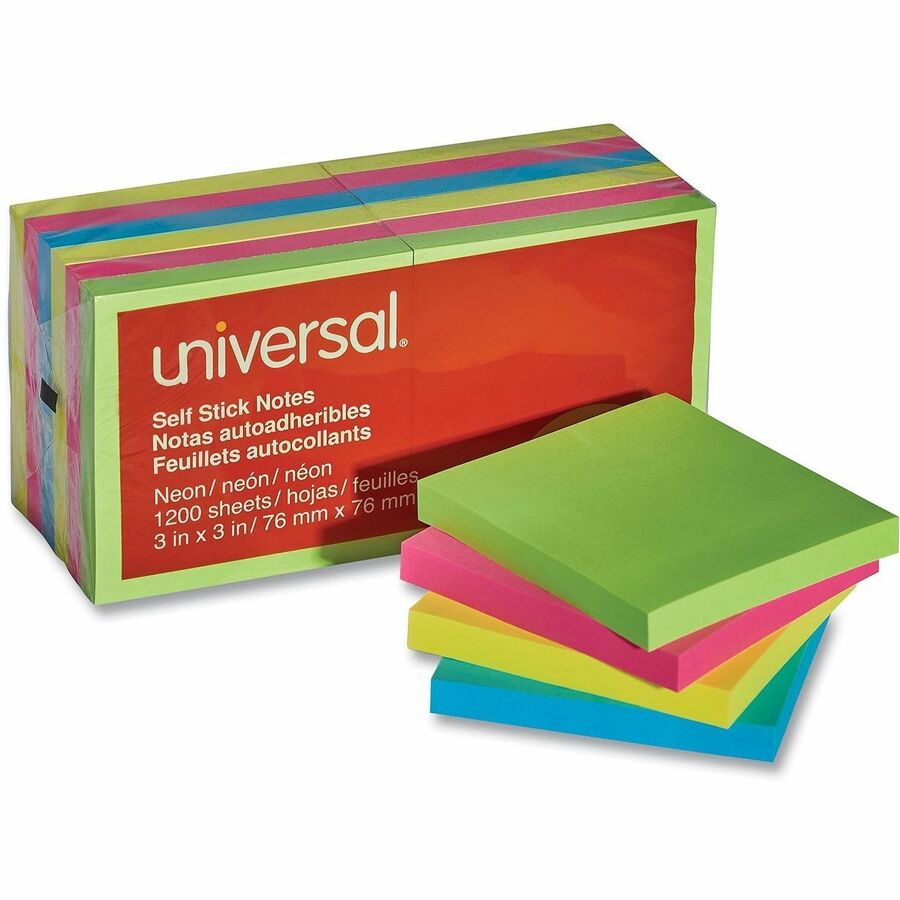 Self-Stick Note Pads, 3" x 3", Assorted Neon Colors, 100 Sheets/Pad, 12 Pads/Pack