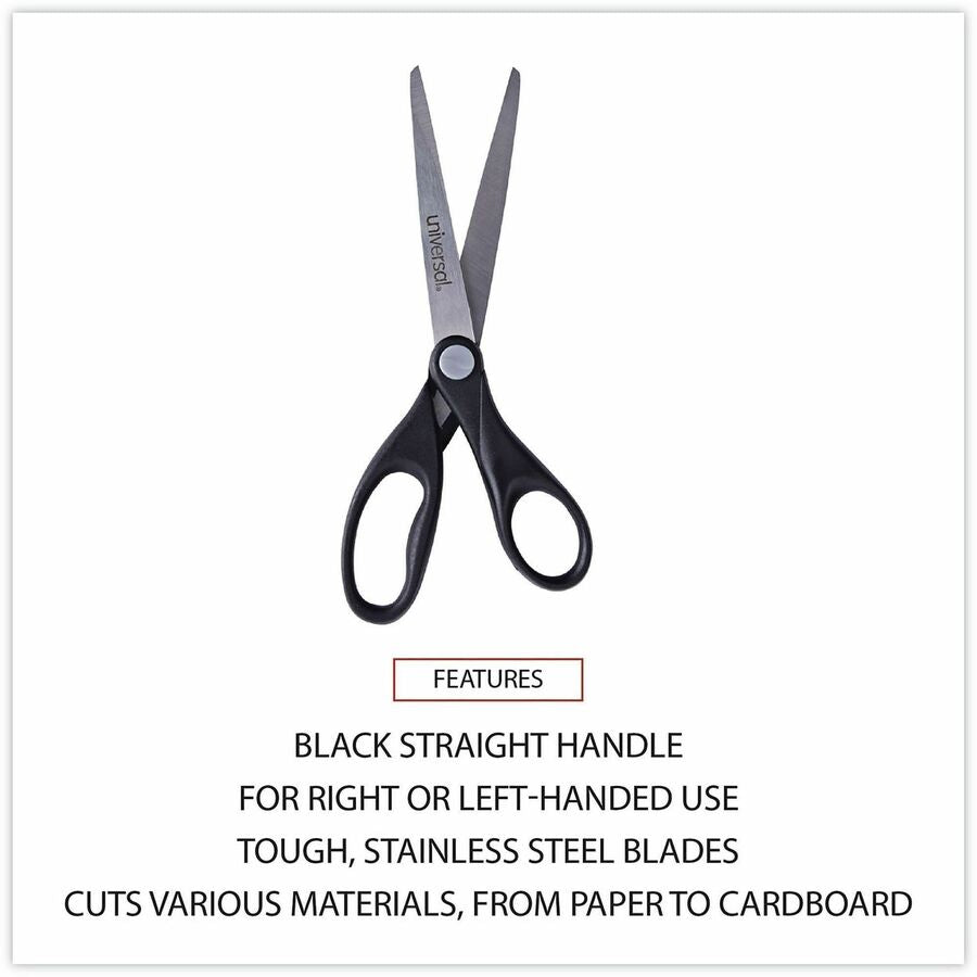 Stainless Steel Office Scissors, Pointed Tip, 7" Long, 3" Cut Length, Black Straight Handle