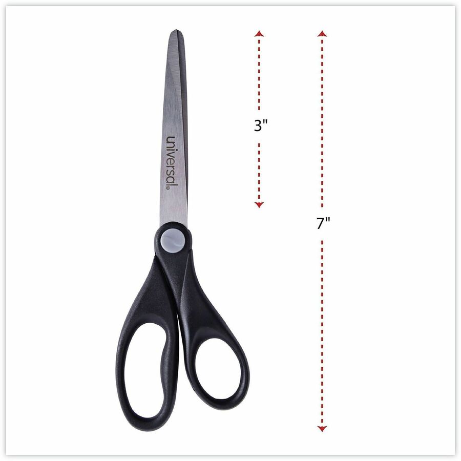Stainless Steel Office Scissors, Pointed Tip, 7" Long, 3" Cut Length, Black Straight Handle