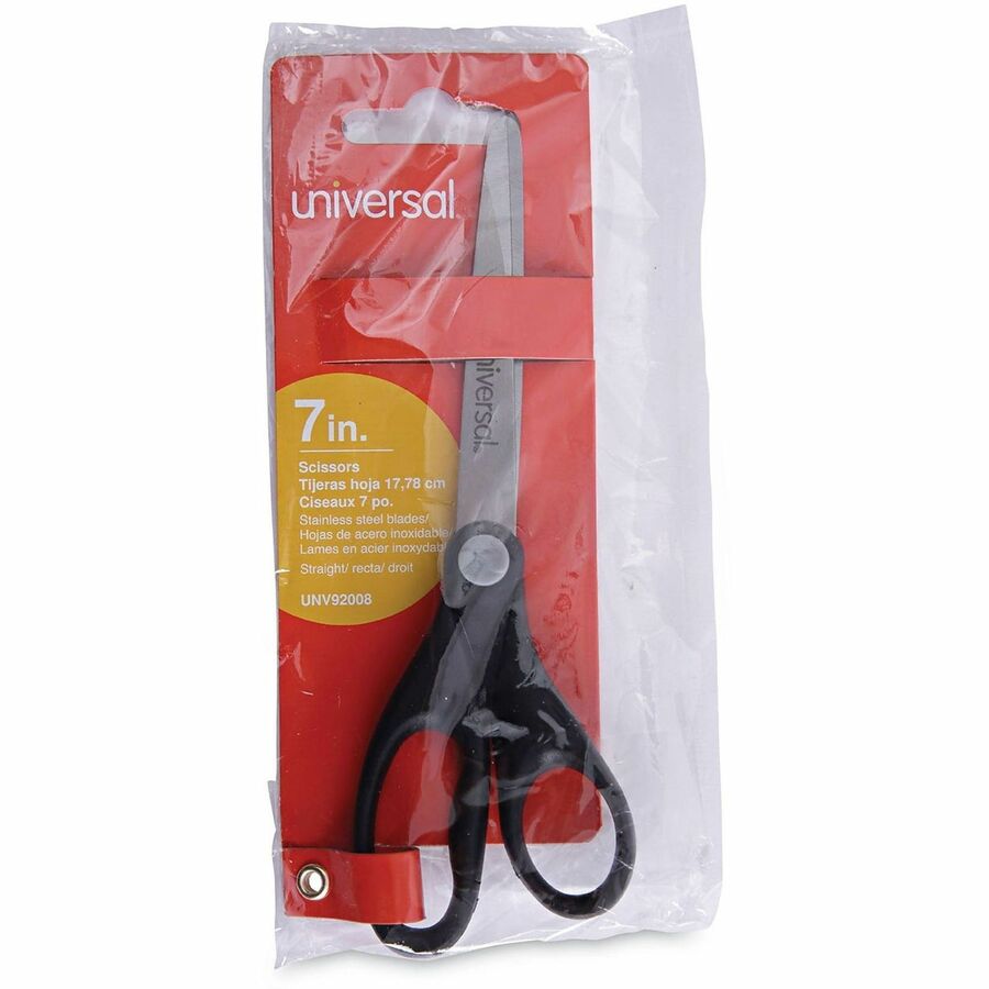 Stainless Steel Office Scissors, Pointed Tip, 7" Long, 3" Cut Length, Black Straight Handle