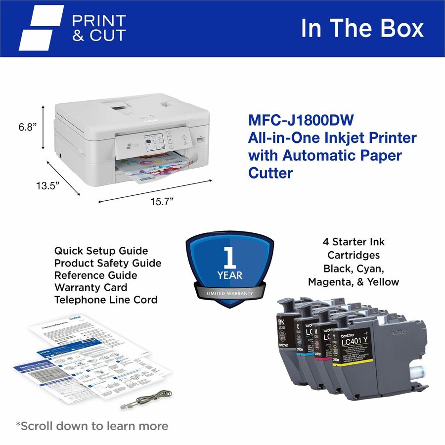MFC-J1800DW Print and Cut All-in-One Inkjet Printer with Auto Cutter, Copy/Fax/Print/Scan