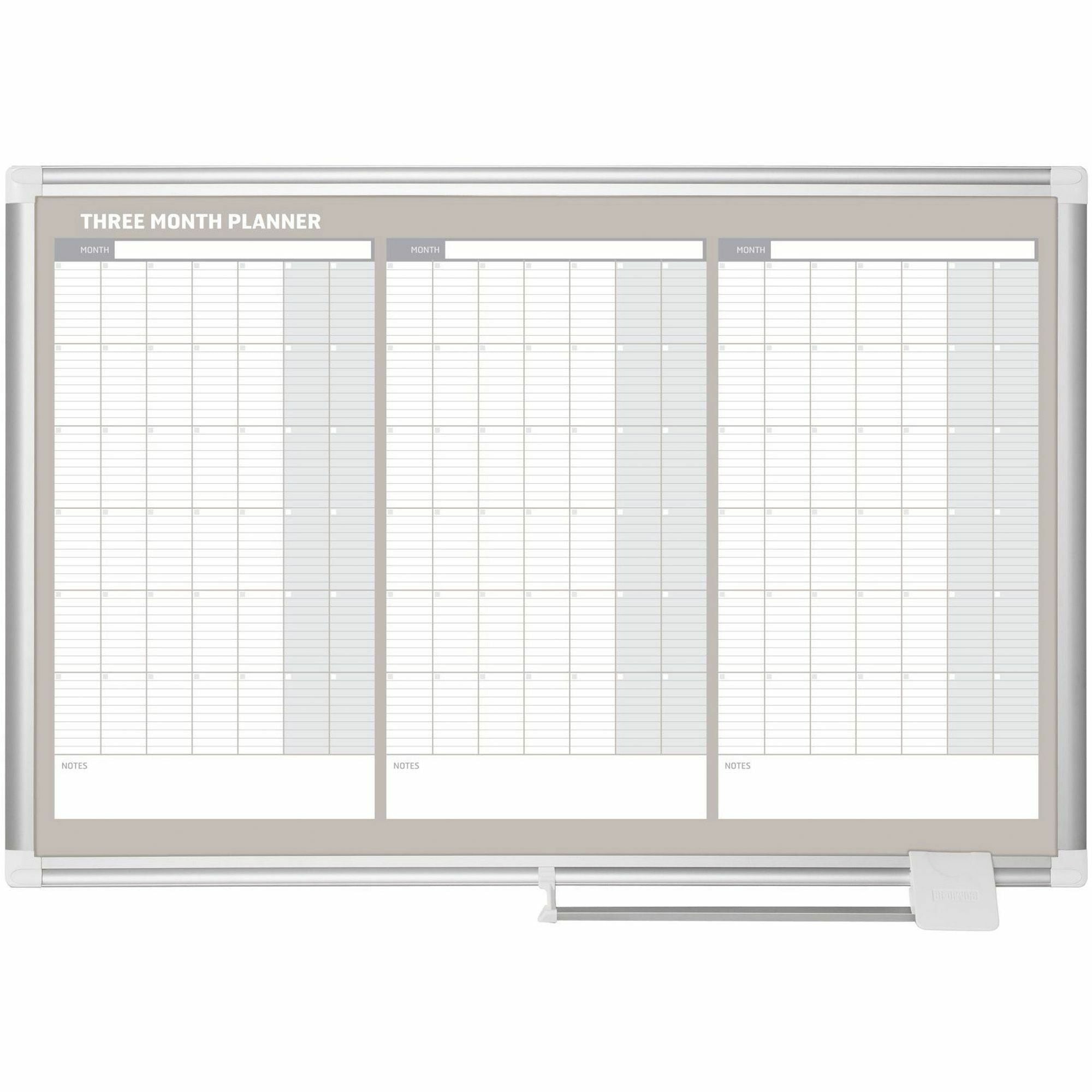 MasterVision 3-Month Calendar Board - 36" (3 ft) Width x 24" (2 ft) Height - White Lacquered Steel Surface - Aluminum Frame - Rectangle - Horizontal - Magnetic - 1 Each - 1