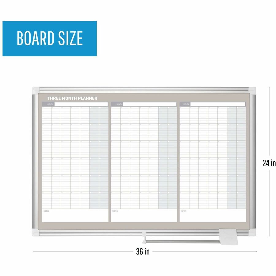 MasterVision 3-Month Calendar Board - 36" (3 ft) Width x 24" (2 ft) Height - White Lacquered Steel Surface - Aluminum Frame - Rectangle - Horizontal - Magnetic - 1 Each - 4
