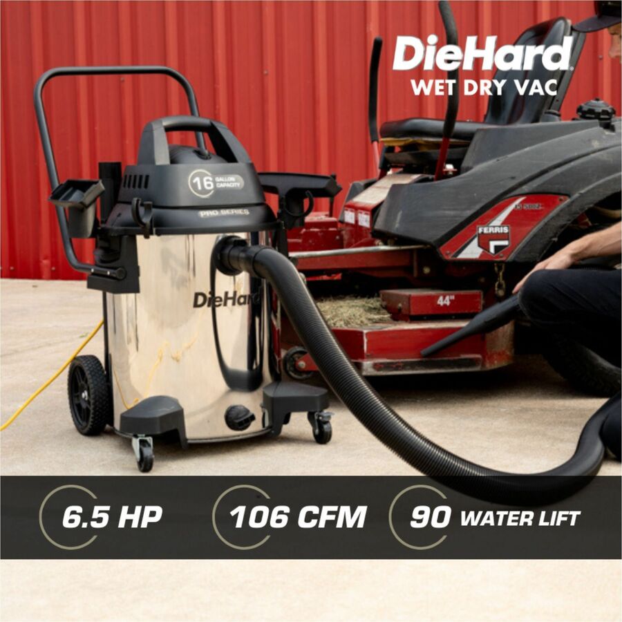 DieHard 16-Gallon 6.5 HP Pro Series Wet/Dry Vacuum - 4847.05 W Motor - 16 gal - Squeegee, Hose, Wand, Filter, Crevice Tool, Pick-up Tool, Floor Tool - Wet Surface, Dry Surface - 35 ft Cable Length - 96" Hose Length - Rich Black