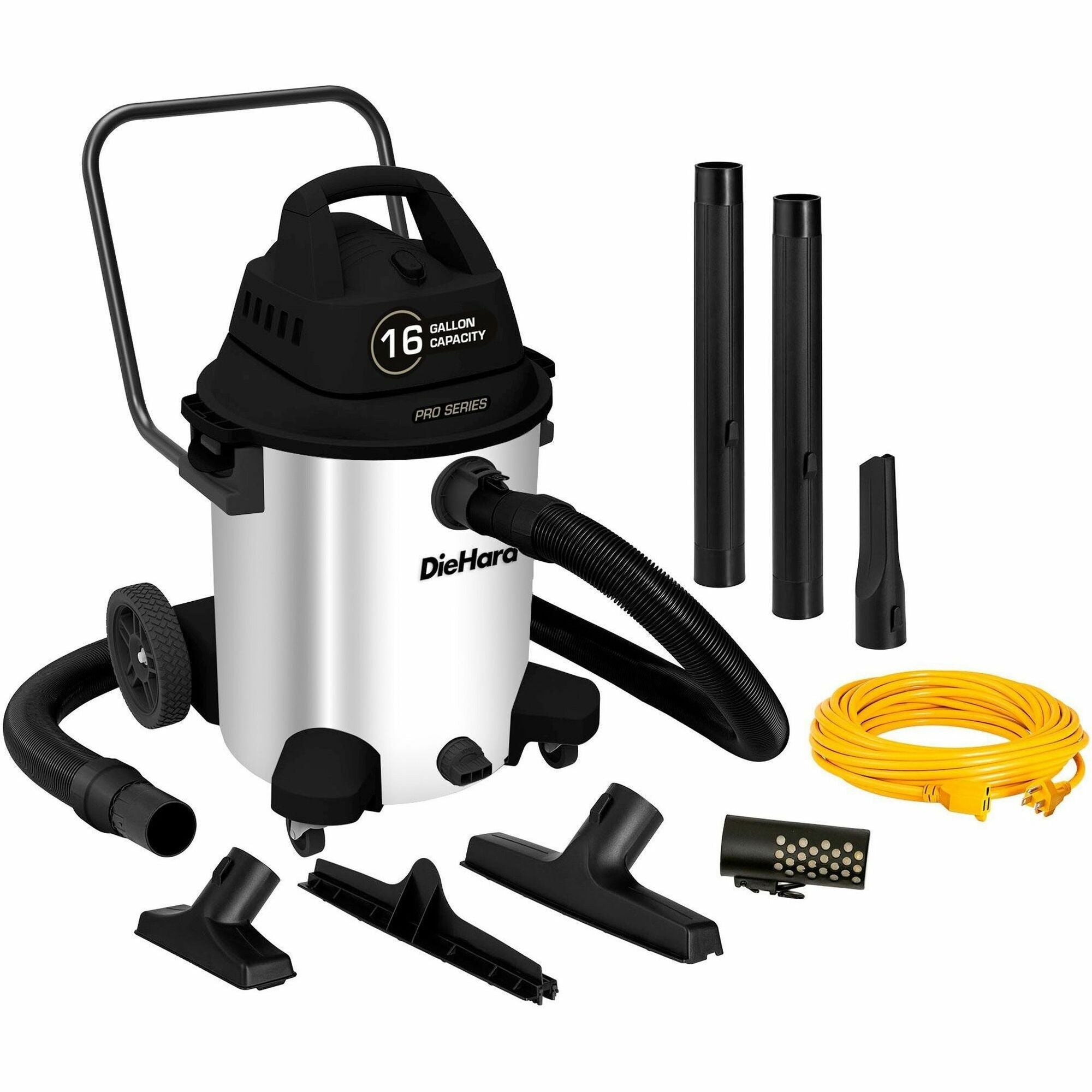 DieHard 16-Gallon 6.5 HP Pro Series Wet/Dry Vacuum - 4847.05 W Motor - 16 gal - Squeegee, Hose, Wand, Filter, Crevice Tool, Pick-up Tool, Floor Tool - Wet Surface, Dry Surface - 35 ft Cable Length - 96" Hose Length - Rich Black