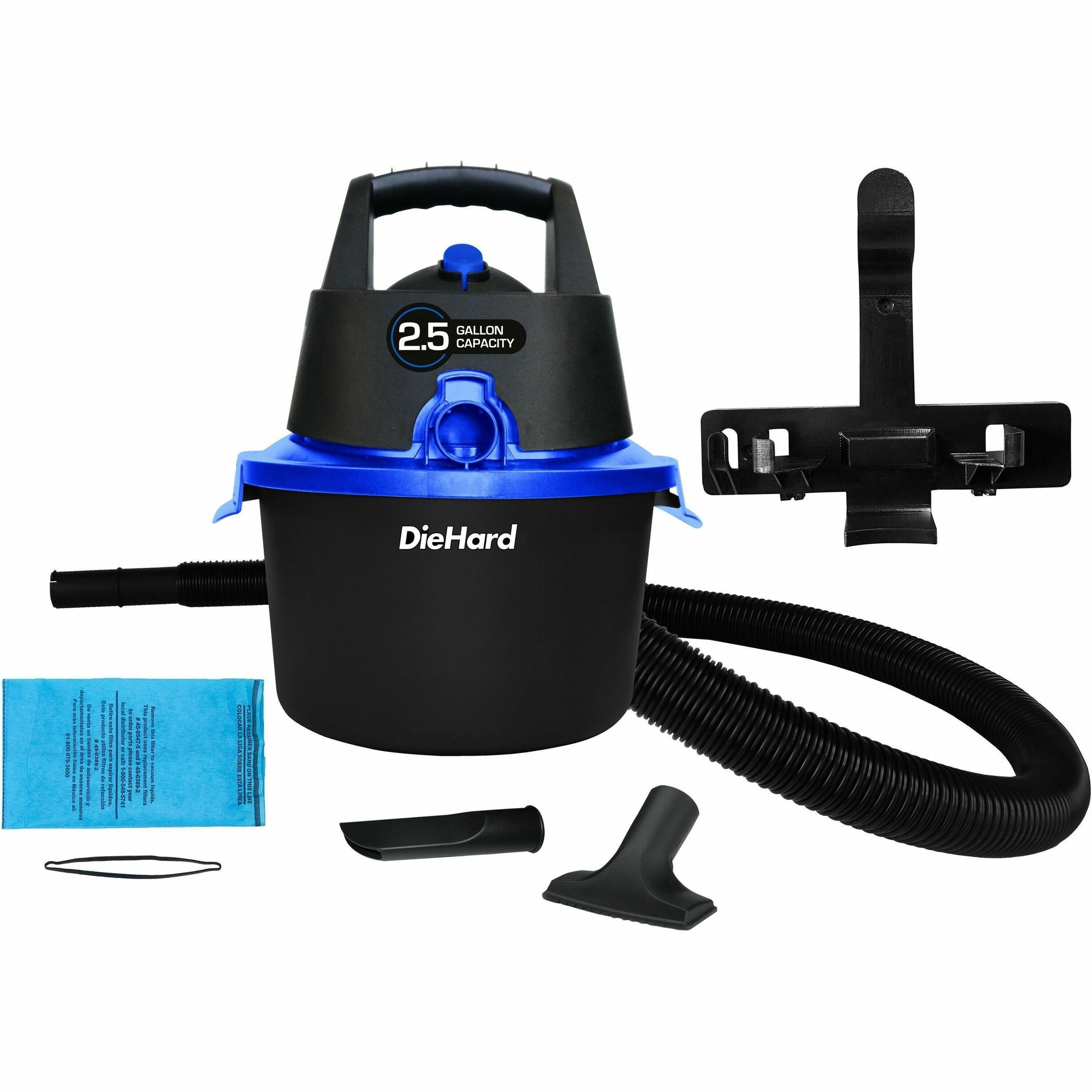DieHard 2.5-Gallon 2.5 HP Wet/Dry Vacuum - 1864.25 W Motor - 2.50 gal - Crevice Tool, Pick-up Tool, Filter - Wet Surface, Dry Surface - 10 ft Cable Length - 48" Hose Length - Rich Black