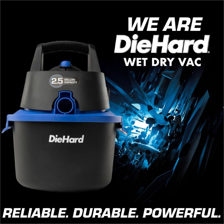 DieHard 2.5-Gallon 2.5 HP Wet/Dry Vacuum - 1864.25 W Motor - 2.50 gal - Crevice Tool, Pick-up Tool, Filter - Wet Surface, Dry Surface - 10 ft Cable Length - 48" Hose Length - Rich Black