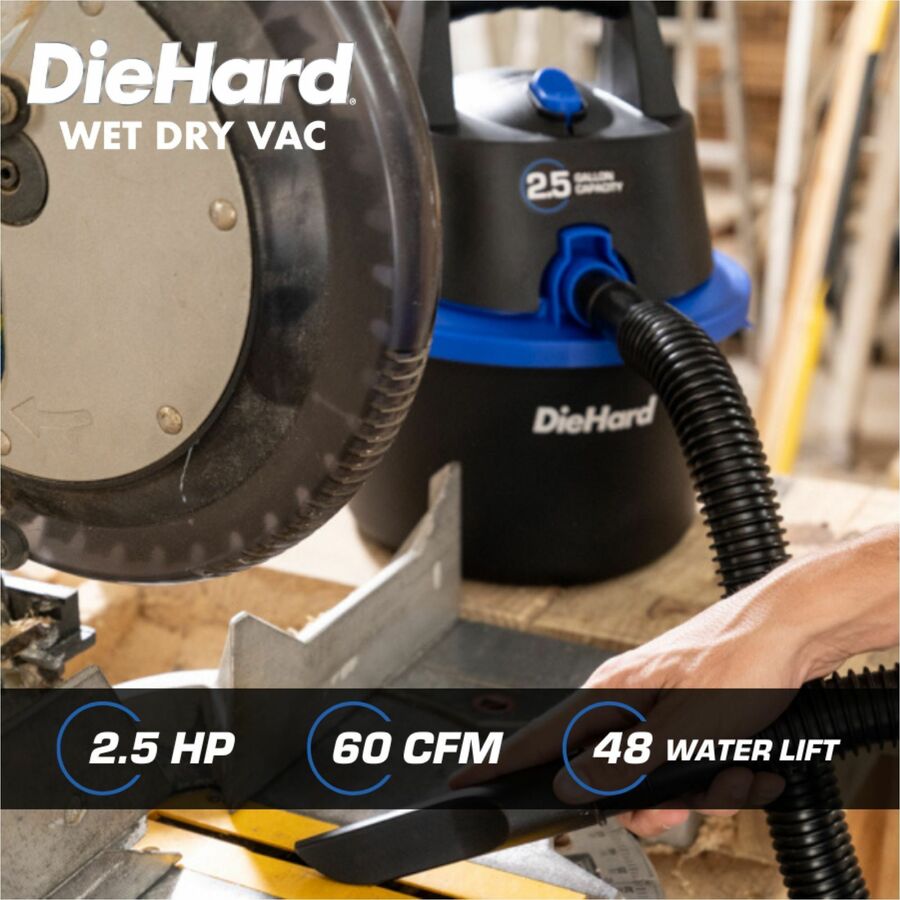DieHard 2.5-Gallon 2.5 HP Wet/Dry Vacuum - 1864.25 W Motor - 2.50 gal - Crevice Tool, Pick-up Tool, Filter - Wet Surface, Dry Surface - 10 ft Cable Length - 48" Hose Length - Rich Black