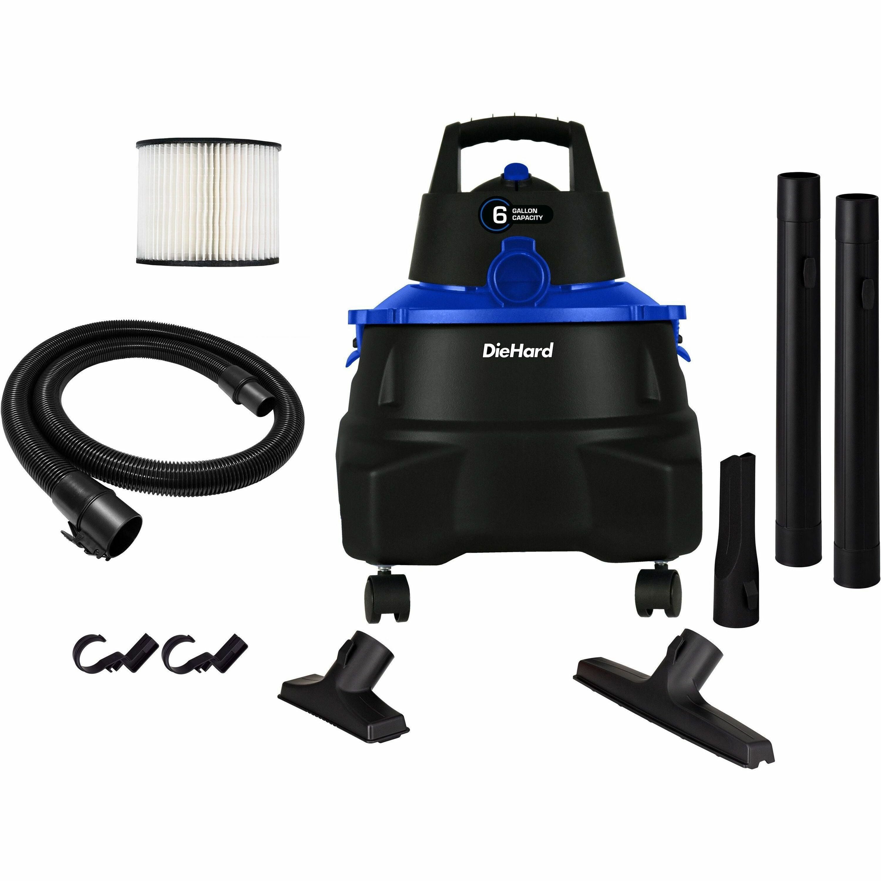 DieHard 6-Gallon 4.5 HP Wet/Dry Vacuum - 3355.65 W Motor - 6 gal - Hose, Wand, Filter, Crevice Tool, Pick-up Tool, Floor Tool - Wet Surface, Dry Surface - 10 ft Cable Length - 84" Hose Length - Rich Black