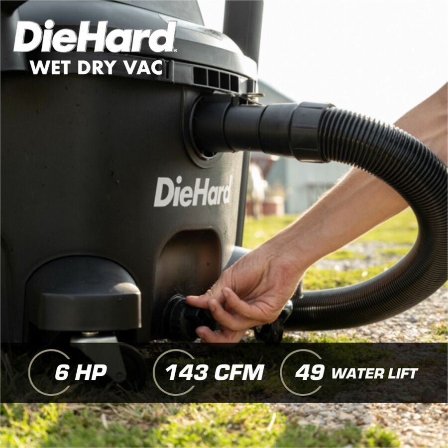 DieHard 12-Gallon 6 HP Pro Series Wet/Dry Vacuum - 4474.20 W Motor - 12 gal - Squeegee, Hose, Wand, Filter, Crevice Tool, Pick-up Tool, Floor Tool - Wet Surface, Dry Surface - 35 ft Cable Length - 96" Hose Length - Rich Black