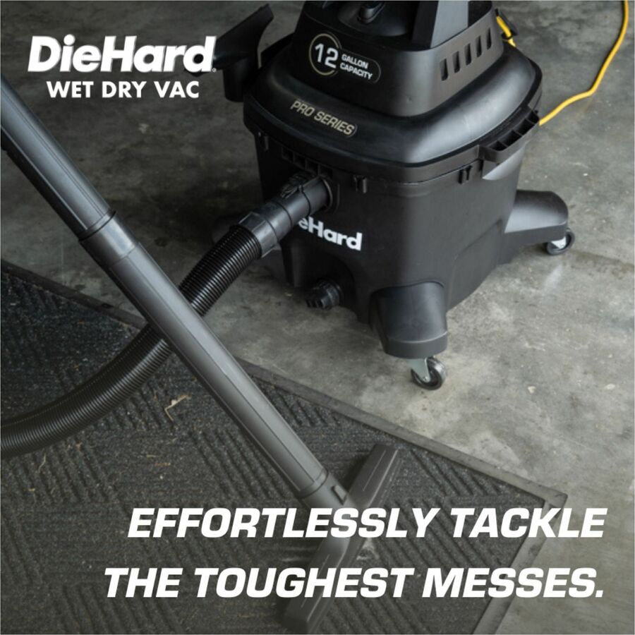 DieHard 12-Gallon 6 HP Pro Series Wet/Dry Vacuum - 4474.20 W Motor - 12 gal - Squeegee, Hose, Wand, Filter, Crevice Tool, Pick-up Tool, Floor Tool - Wet Surface, Dry Surface - 35 ft Cable Length - 96" Hose Length - Rich Black
