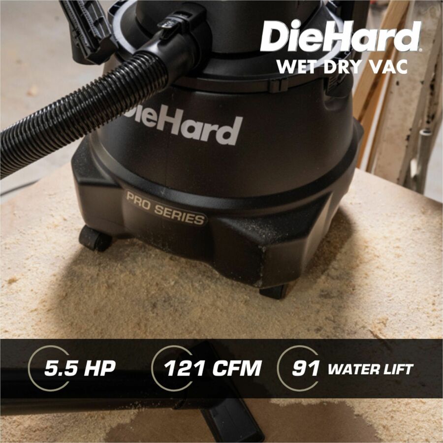 DieHard 9-Gallon 5.5 HP Wet/Dry Vacuum - 4101.35 W Motor - 9 gal - Squeegee, Hose, Wand, Filter, Crevice Tool, Pick-up Tool, Floor Tool - Wet Surface, Dry Surface - 10 ft Cable Length - 84" Hose Length - Rich Black