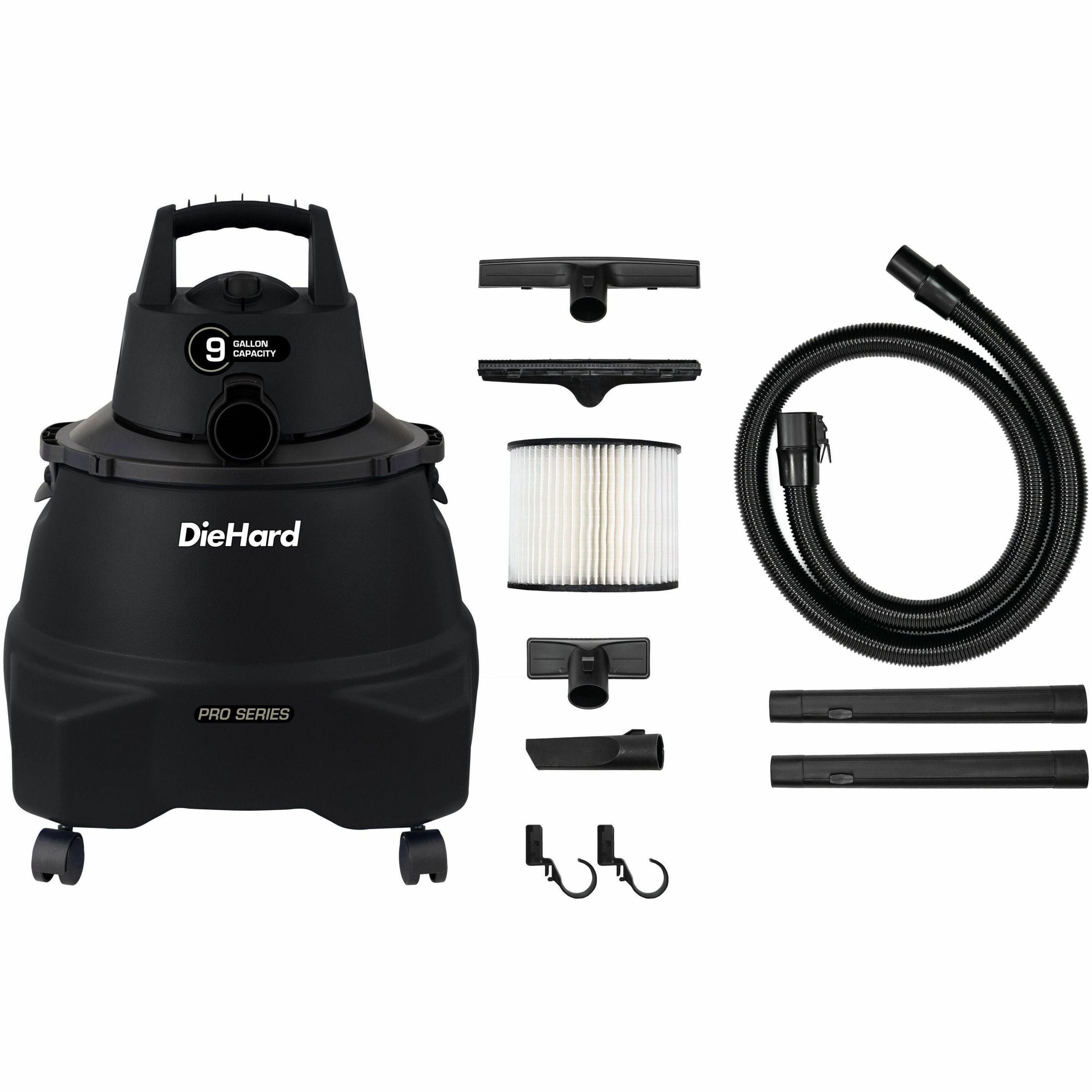 DieHard 9-Gallon 5.5 HP Wet/Dry Vacuum - 4101.35 W Motor - 9 gal - Squeegee, Hose, Wand, Filter, Crevice Tool, Pick-up Tool, Floor Tool - Wet Surface, Dry Surface - 10 ft Cable Length - 84" Hose Length - Rich Black