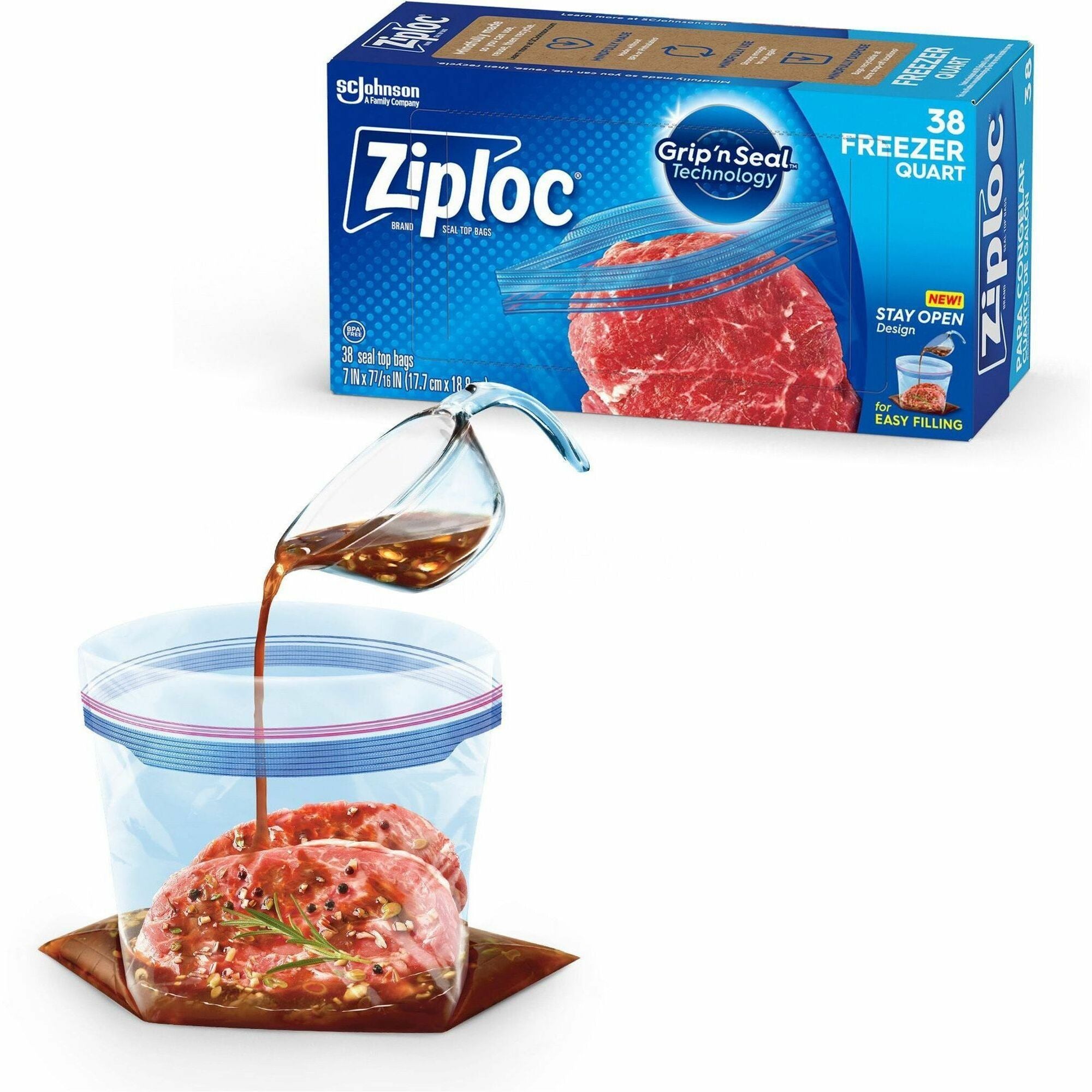 Ziploc Grip n' Seal Freezer Bags - Medium Size - 1 quart Capacity - 7" Width x 7.43" Length - Textured - Blue - Plastic - 9/Carton - 38 Per Box - Multipurpose