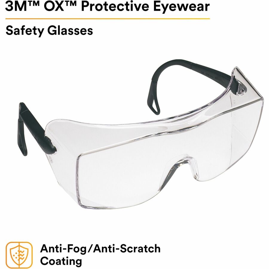 3M OX Protective Eyewear - Clear Lens - Recommended for: Workplace, Eye - Fog, UVA, UVB, UVC Protection - Polycarbonate - Black - Anti-fog, Anti-scratch, Comfortable, Adjustable Temple, Impact Resistant - 1 Each