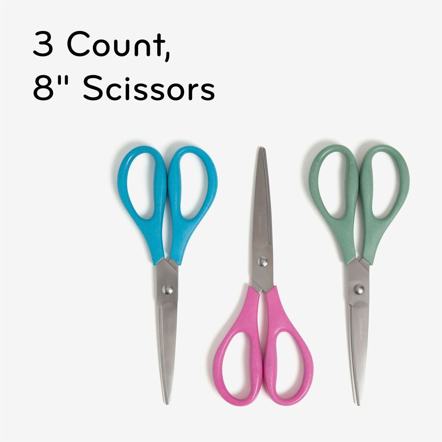 U-Eco Scissors, Concave Tip, 9.45" Long, 3" Cut Length, Assorted Straight Handle, 3/Pack