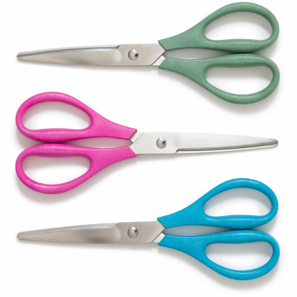U-Eco Scissors, Concave Tip, 9.45" Long, 3" Cut Length, Assorted Straight Handle, 3/Pack
