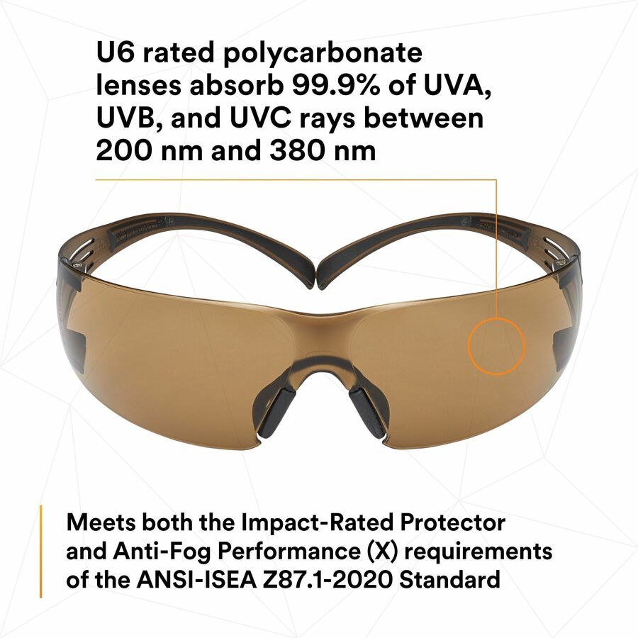3M SecureFit Protective Eyewear - Recommended for: Eye, Indoor/Outdoor - Fog, UVA, UVB, UVC Protection - Polycarbonate - Black - Anti-fog, Comfortable, Soft, Nose Bridge, Impact Resistant, Adjustable Temple - 20 / Carton