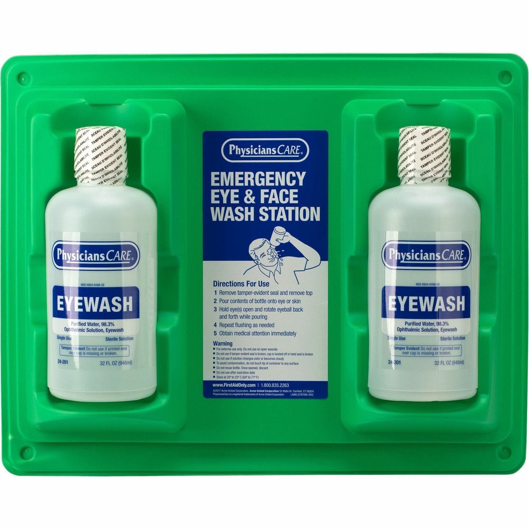 First Aid Only Twin-Bottle Eyewash Station - 1 quart - Wall Mountable - 12 / Carton - 2