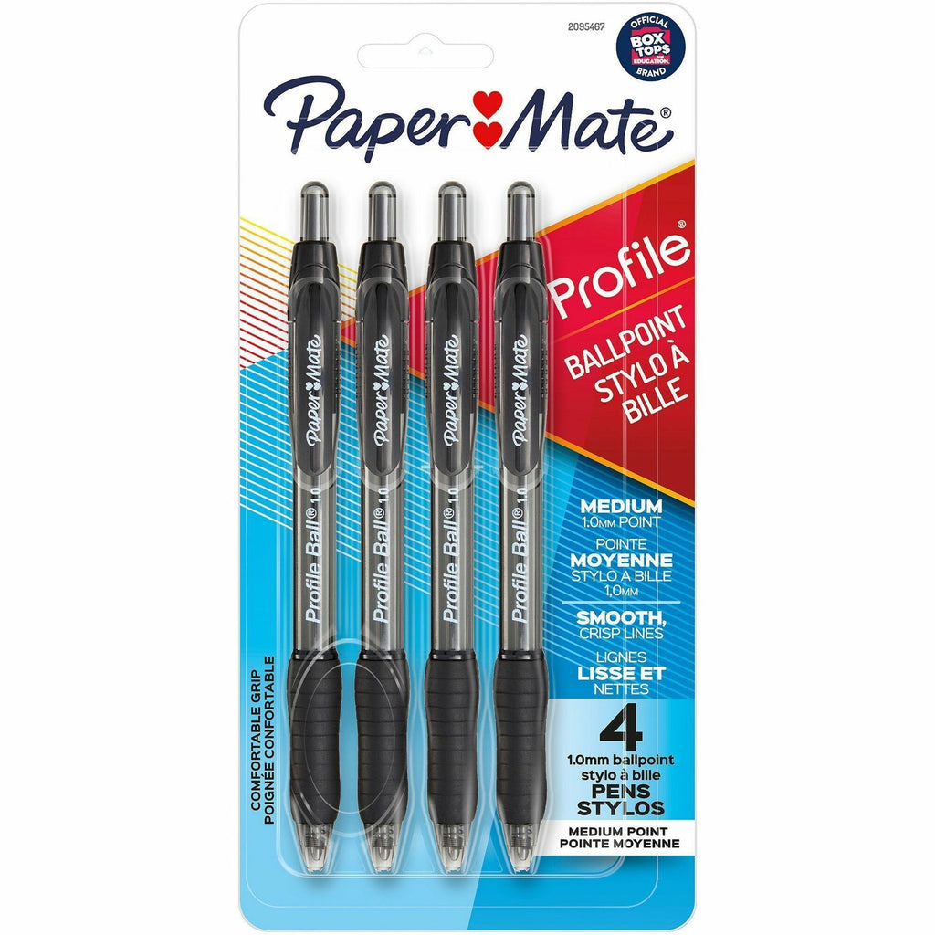 Profile Ballpoint Pen, Retractable, Medium 1 mm, Black Ink, Translucent Black Barrel, 4/Pack