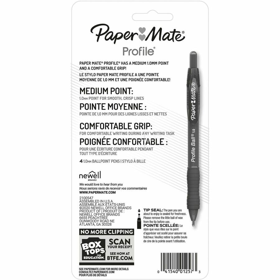 Profile Ballpoint Pen, Retractable, Medium 1 mm, Black Ink, Translucent Black Barrel, 4/Pack