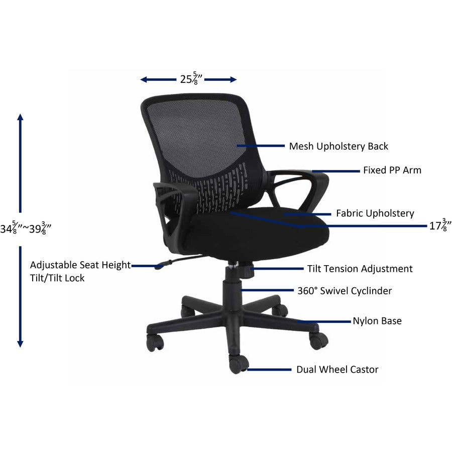 NuSparc Mid-back Mesh Task Chair - Fabric Seat - Mid Back - Black - 1 Each