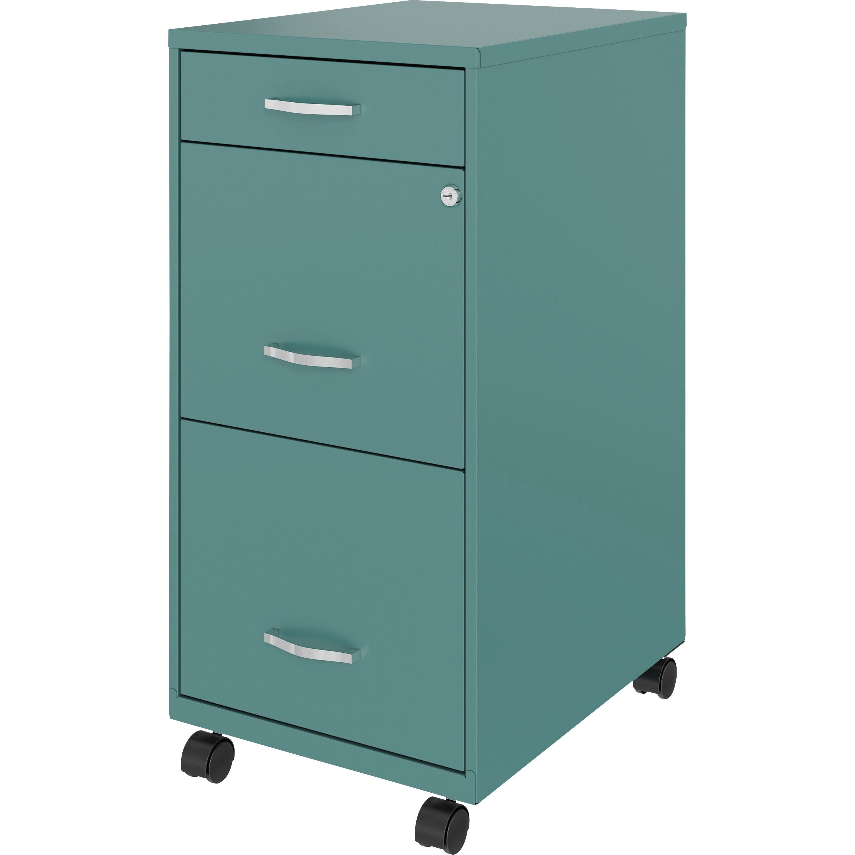 nusparc-mobile-file-cabinet-142-x-18-x-295-3-x-drawers-for-file-box-letter-mobility-locking-drawer-glide-suspension-3-4-drawer-extension-cam-lock-nonporous-surface-teal-painted-steel-recycled_nprvf318bmtl - 3