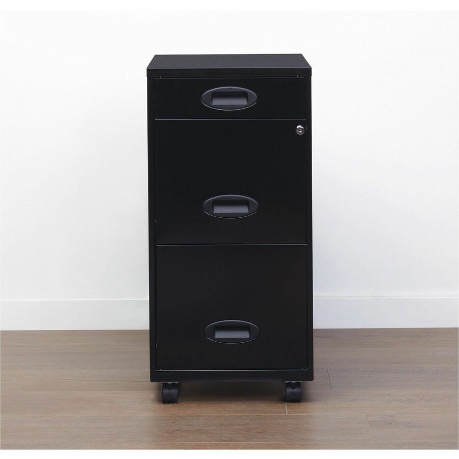 NuSparc File Cabinet - 14.2" x 18" x 29.5" - 3 x Drawer(s) for Pencil, File - Letter - Vertical - Mobility, Glide Suspension, Drawer Extension, Anti-tip, Lockable, Wheels, Nonporous Surface - Black - Painted Steel - Recycled