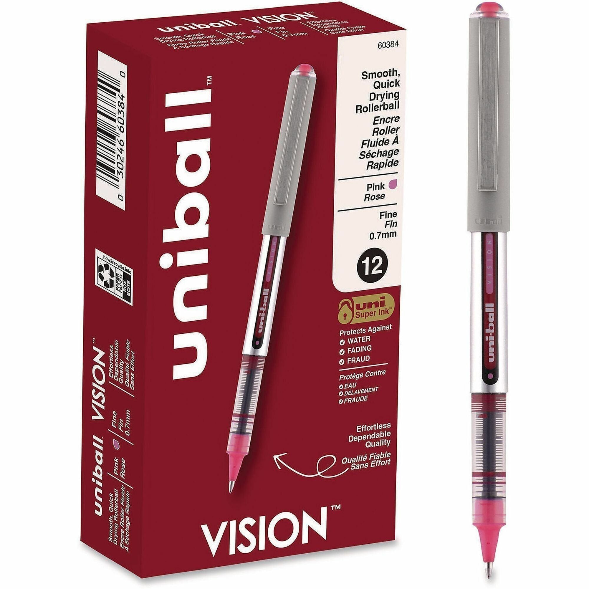 VISION Roller Ball Pen, Stick, Fine 0.7 mm, Pink Ink, Silver/Pink/Clear Barrel, Dozen