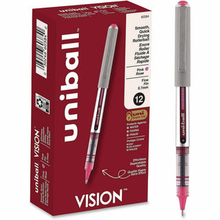 VISION Roller Ball Pen, Stick, Fine 0.7 mm, Pink Ink, Silver/Pink/Clear Barrel, Dozen