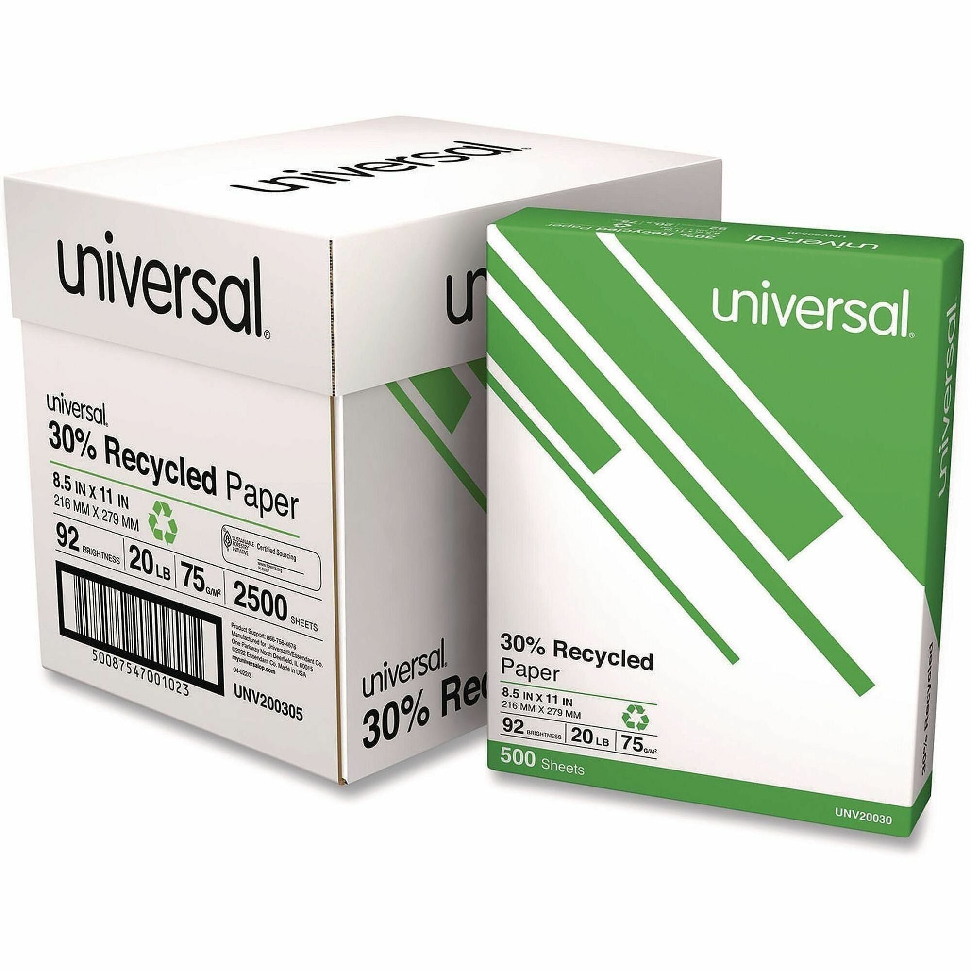 30% Recycled Copy Paper, 92 Bright, 20 lb Bond Weight, 8.5 x 11, White, 500 Sheets/Ream, 5 Reams/Carton
