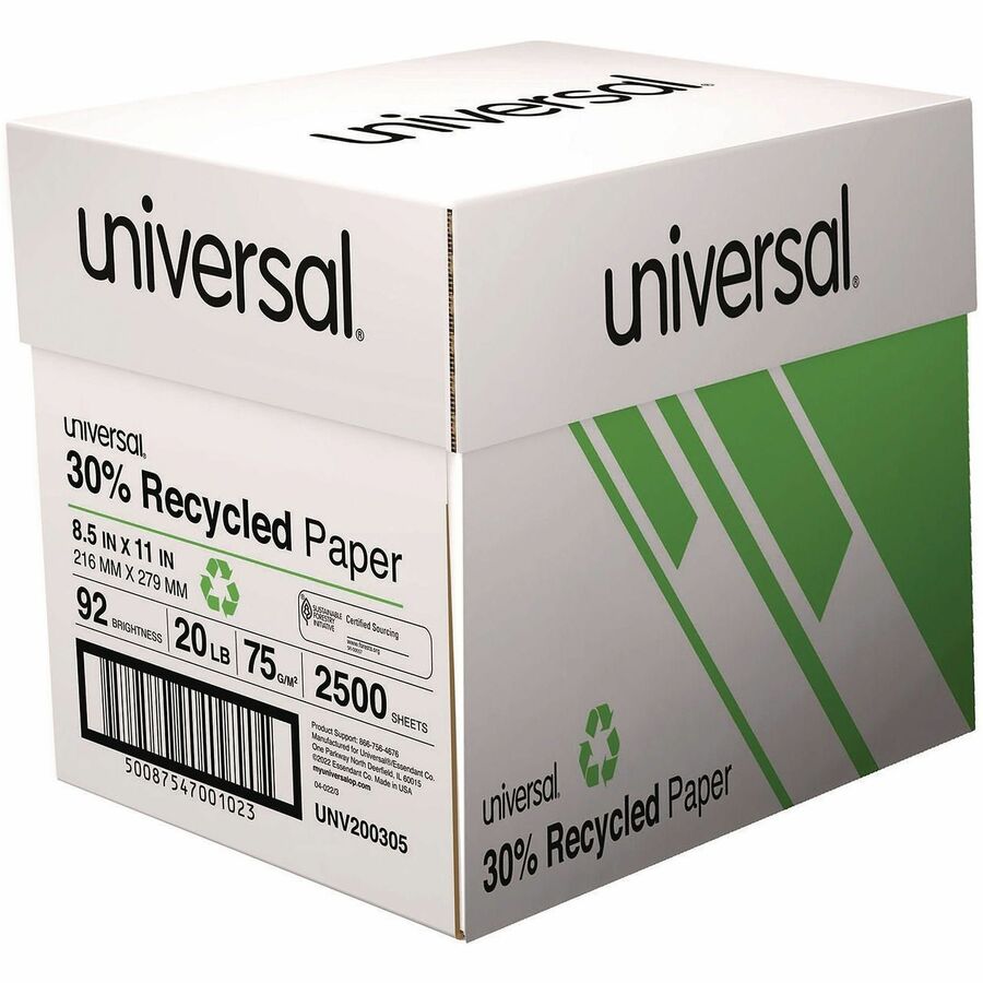 30% Recycled Copy Paper, 92 Bright, 20 lb Bond Weight, 8.5 x 11, White, 500 Sheets/Ream, 5 Reams/Carton