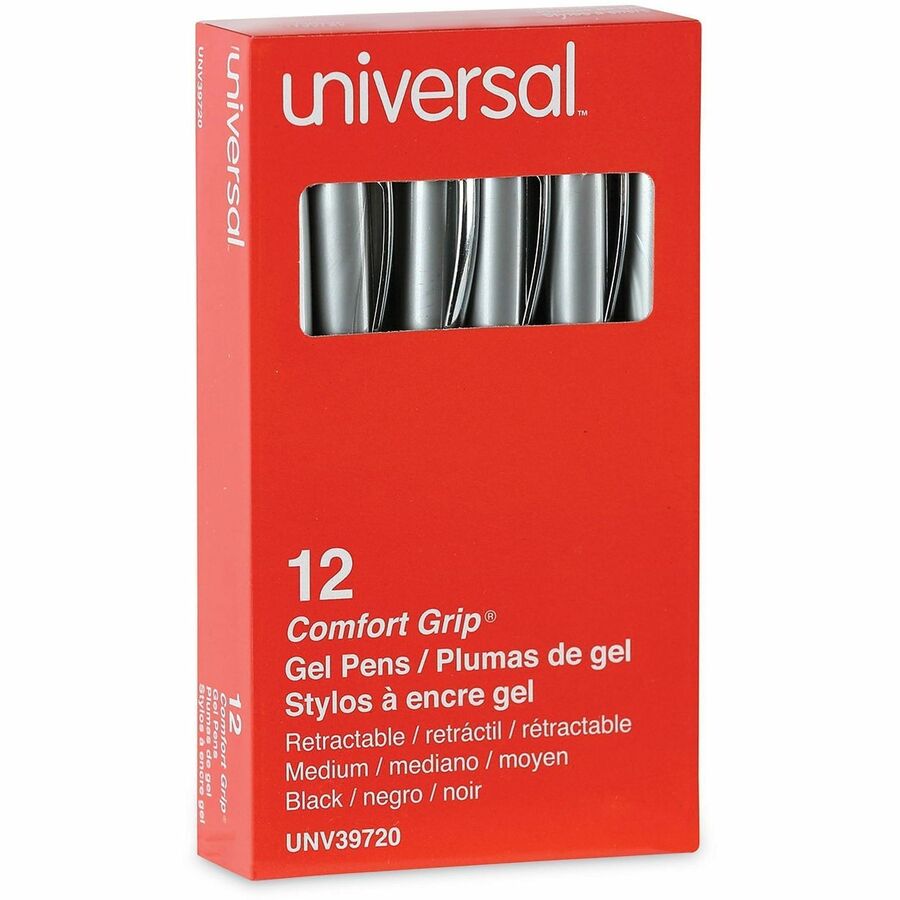 Comfort Grip Gel Pen, Retractable, Medium 0.7 mm, Black Ink, Gray/Black/Silver Barrel, Dozen
