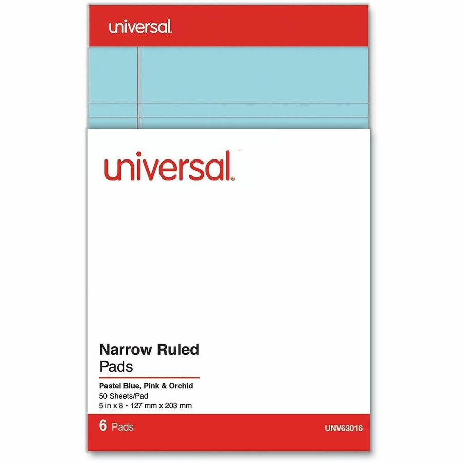 Perforated Ruled Writing Pads, Narrow Rule, Red Headband, 50 Assorted Pastels 5 x 8 Sheets, 6/Pack