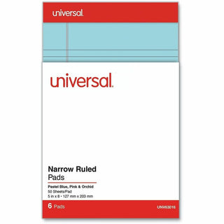 Perforated Ruled Writing Pads, Narrow Rule, Red Headband, 50 Assorted Pastels 5 x 8 Sheets, 6/Pack