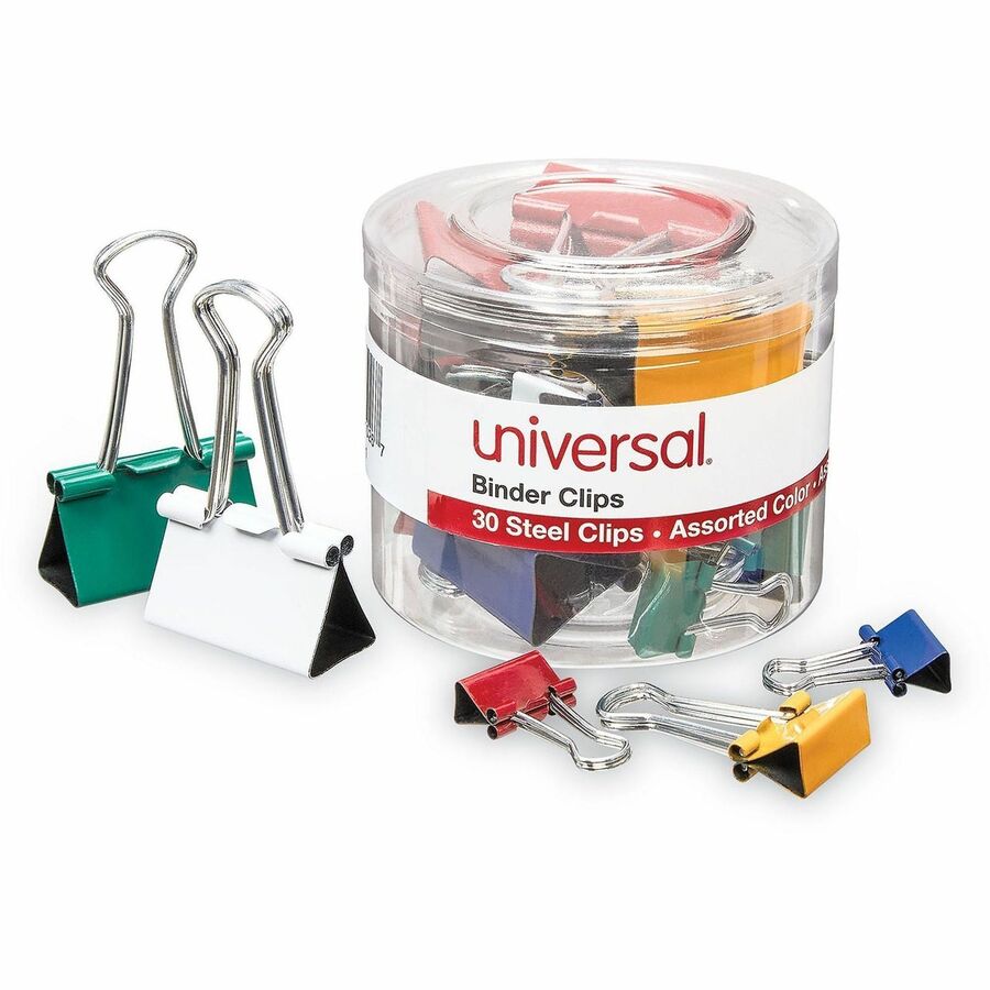 Binder Clips with Storage Tub, (12) Mini (0.5"), (12) Small (0.75"), (6) Medium (1.25"), Assorted Colors