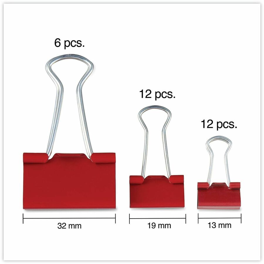 Binder Clips with Storage Tub, (12) Mini (0.5"), (12) Small (0.75"), (6) Medium (1.25"), Assorted Colors