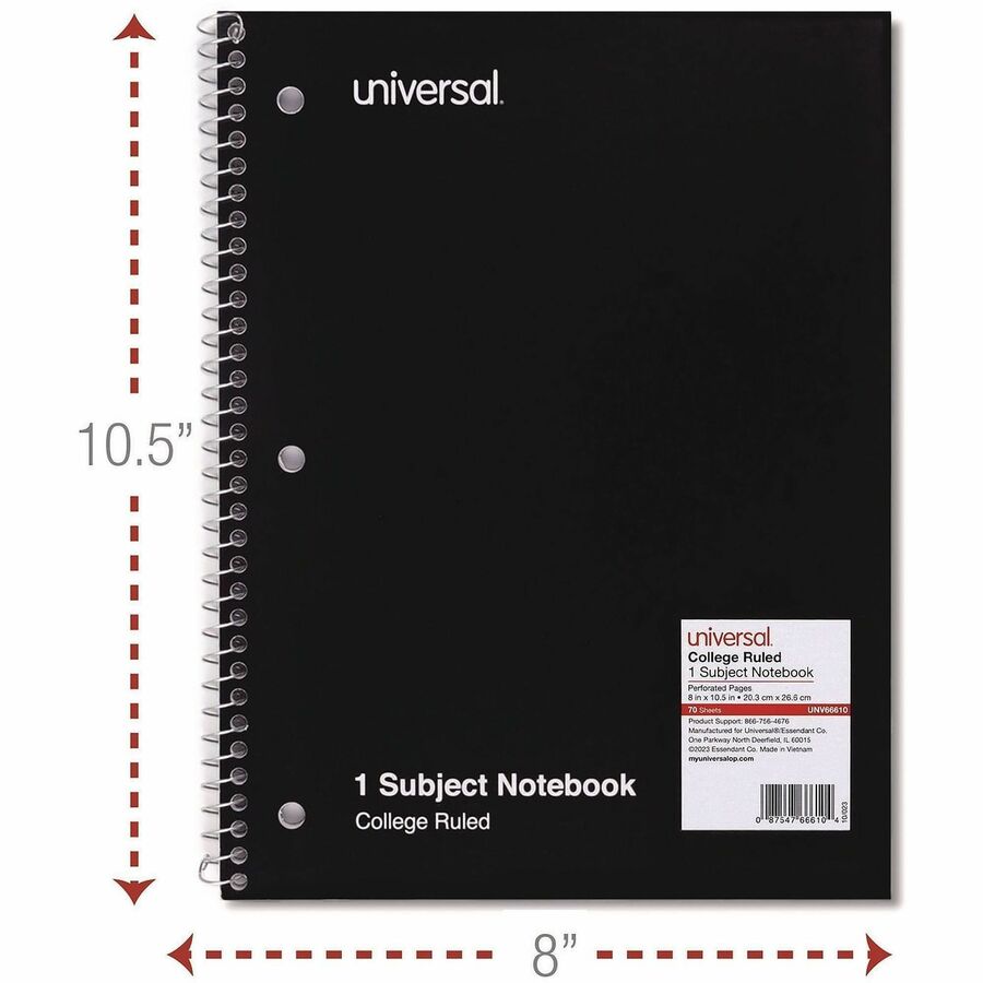 Wirebound Notebook, 1-Subject, Medium/College Rule, Black Cover, (70) 10.5 x 8 Sheets