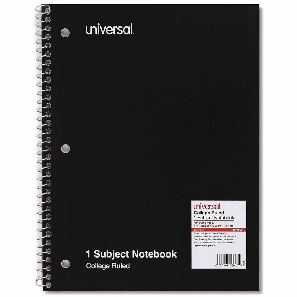 Wirebound Notebook, 1-Subject, Medium/College Rule, Black Cover, (70) 10.5 x 8 Sheets