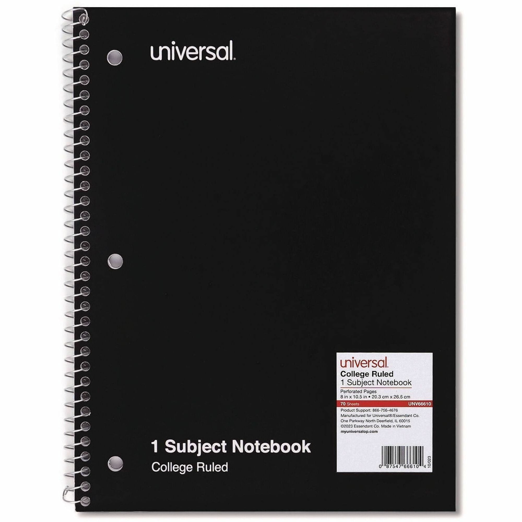 Wirebound Notebook, 1-Subject, Medium/College Rule, Black Cover, (70) 10.5 x 8 Sheets